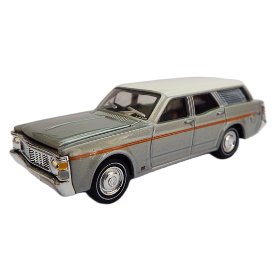 1:64  diecast Model of a vintage 1970 XW GS V8 Fairmont silver fox color station wagon   on a white background