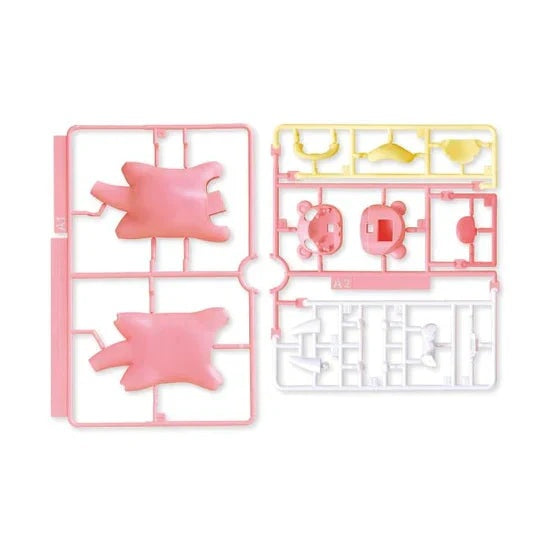 Two plastic sprues for a model kit, one pink and one white with yellow accents, containing small molded plastic parts on a plain white background.