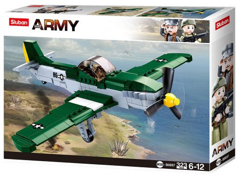 Sluban Army toy airplane set packaging with model airplane and figures on a scenic background