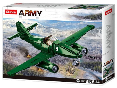 Sluban Army toy airplane set packaging with green airplane on a scenic background