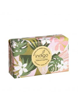 Indigo Organic   Hibiscus & Lychee Soap 200gn – Pink & Green Palm Pattern