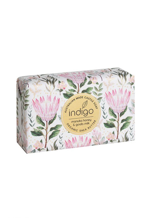 Indigo Organic Shea Butter Soap in Manuka Honey & Goats Milk 200g – Pink Protea Pattern