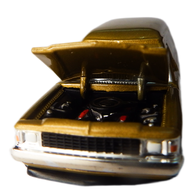 Model car with open hood on a white background