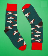 Pair of green & red  socks with sausage sandwich  illustration  it highlighted on  a green background