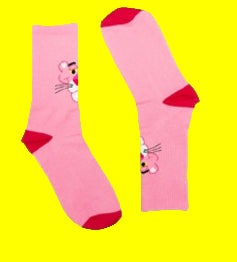 Pair of pink socks with red accents and cartoon character on a white background