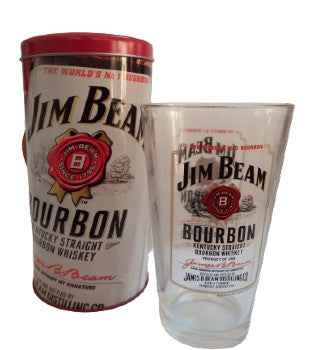 Jim Beam Collectors red tin with Conical Glass inside