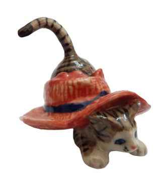 Small grey cat red hat blue band ceramic Miniature porcelain figurine