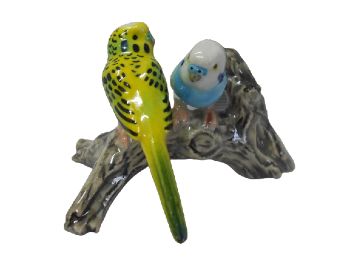 Budgerigar Pair Branch ceramic miniature Bird figurine