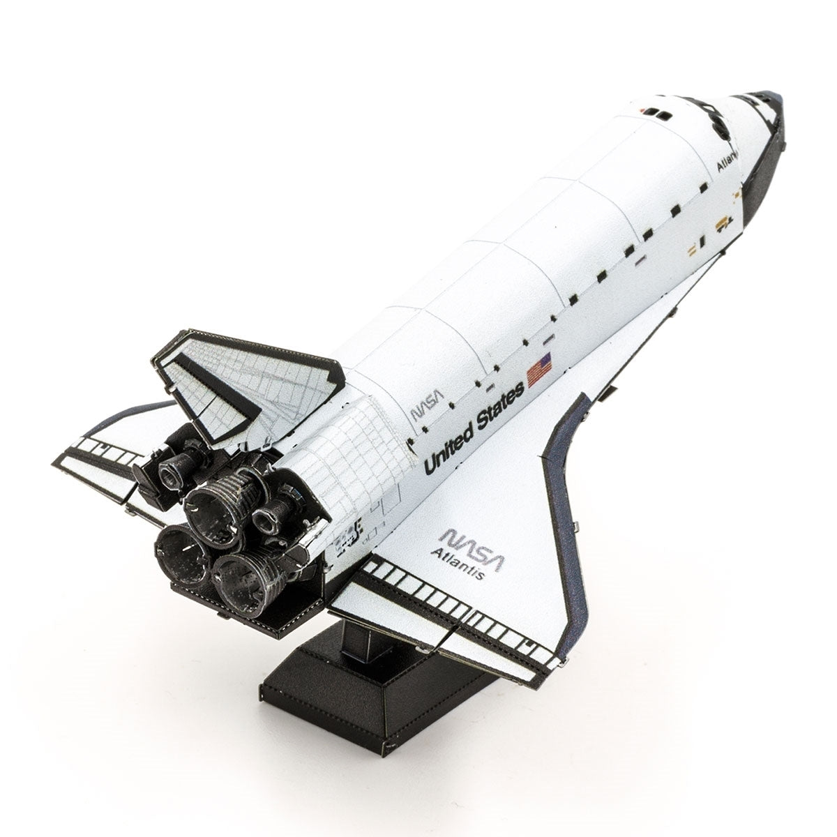 Model of a space shuttle with 'NASA' branding on a white background