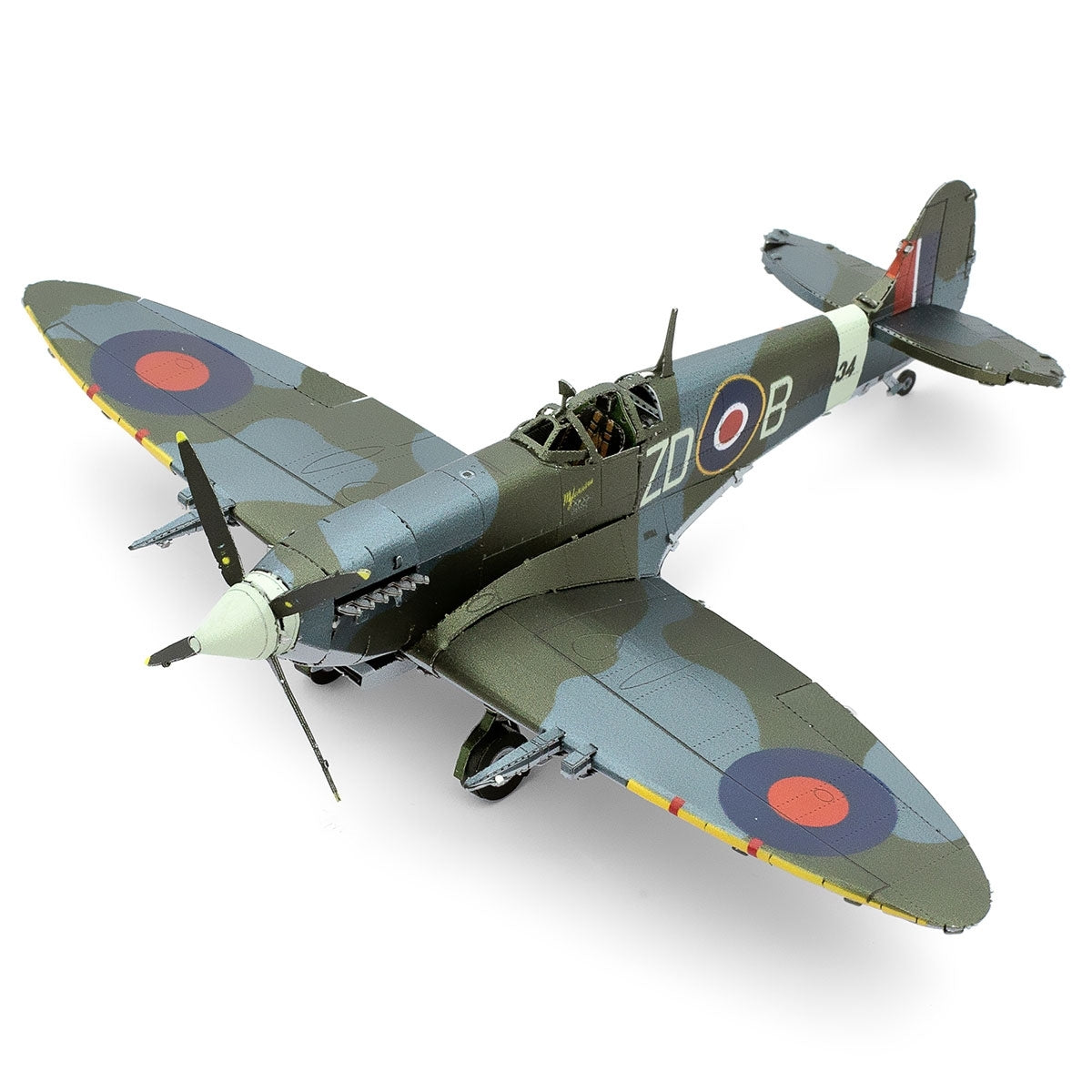Model of a World War II-era submarine Spitfire fighter model  plane on a white background