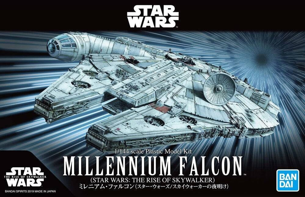 Model kit packaging of the Millennium Falcon from Star Wars with Bandai logo.