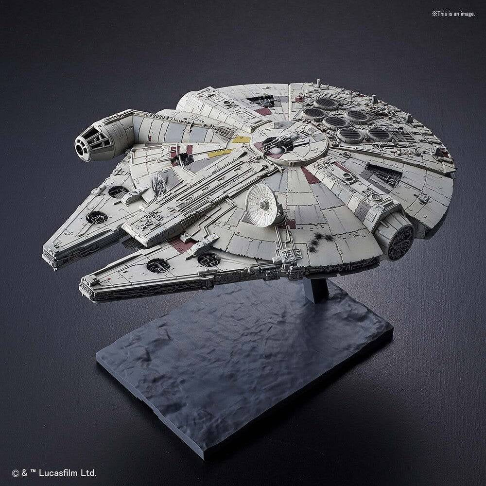 Model of the Millennium Falcon on a dark background