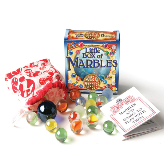 Little Box of Marbles game set with colorful marbles and packaging on a white background