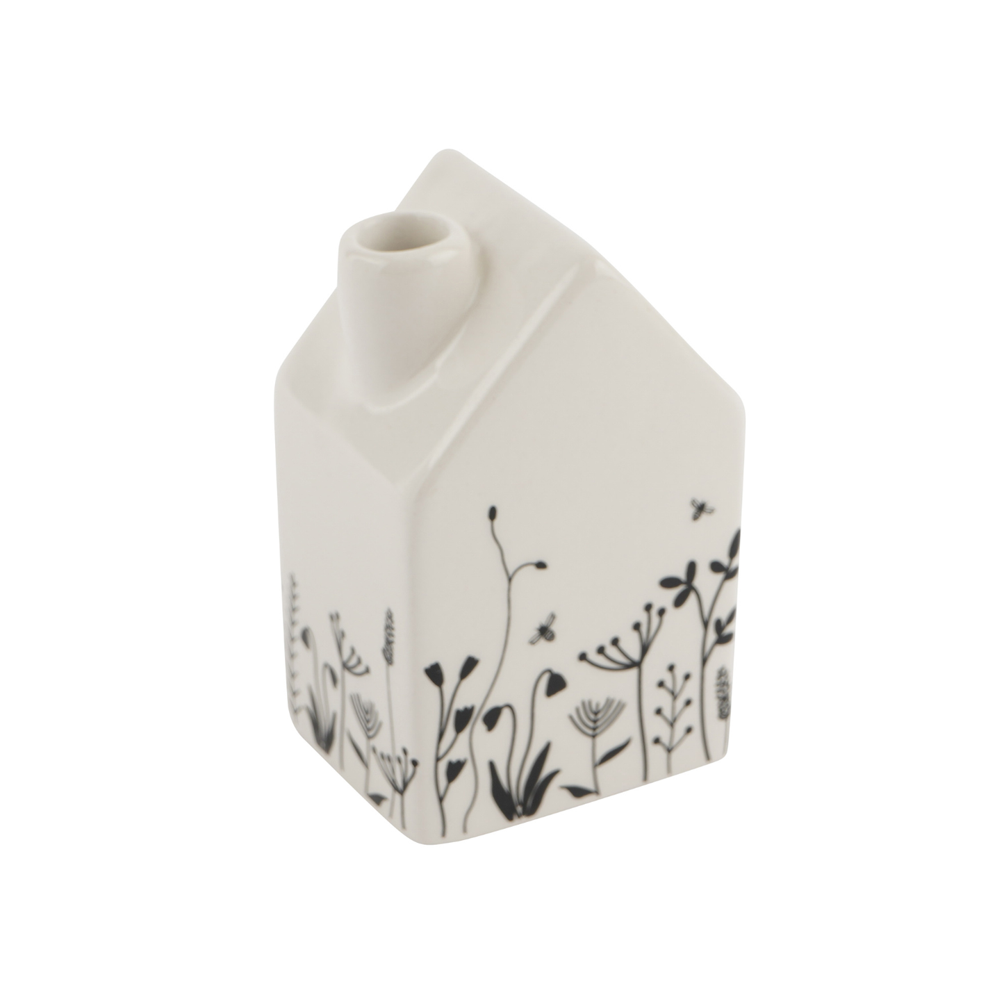 White ceramic vase with black floral patterns on a white background