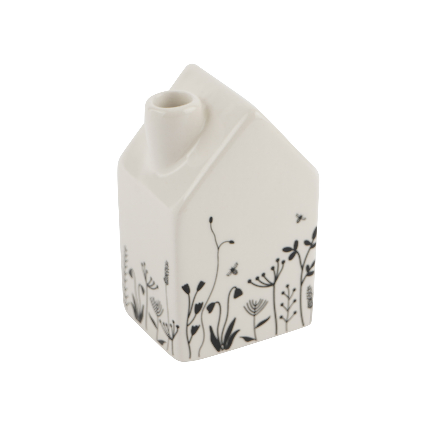 White ceramic vase with black floral patterns on a white background
