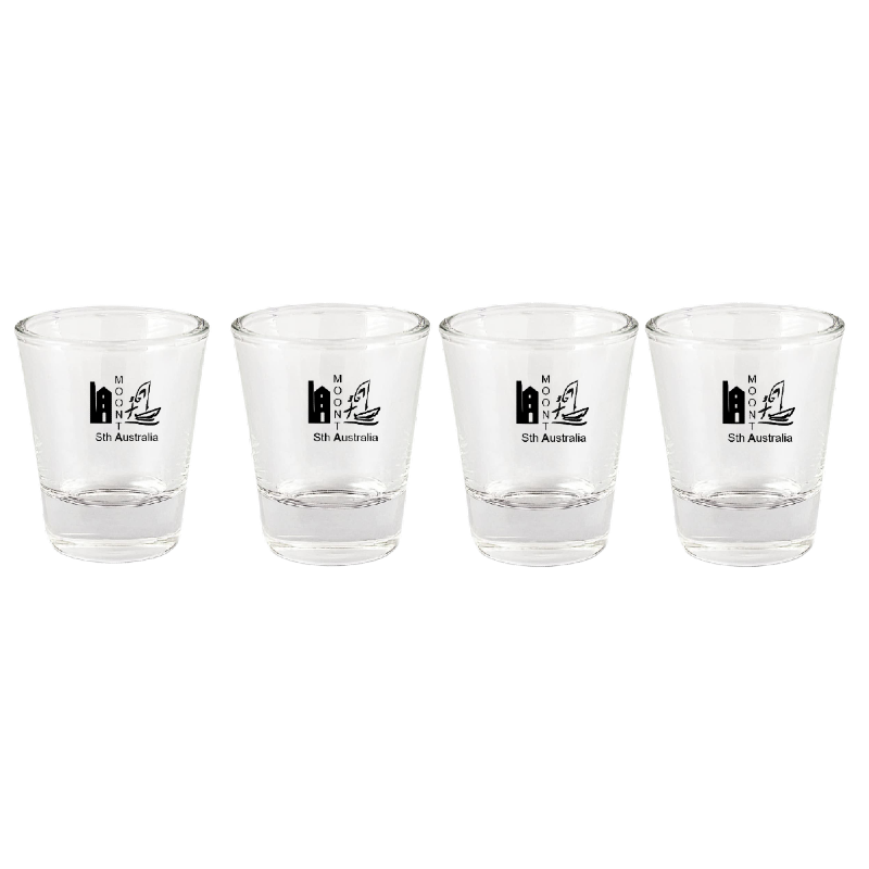 Four clear shot glasses with black text and symbols on a white background