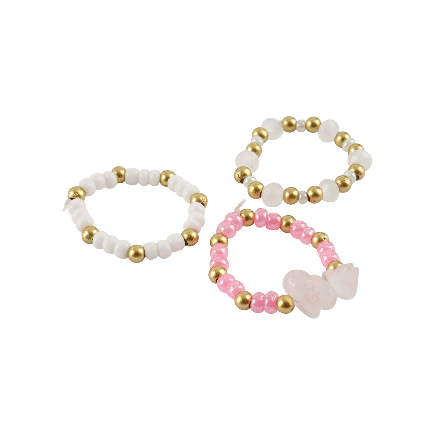 Set of three beaded rings with white, gold, and pink beads on a white background