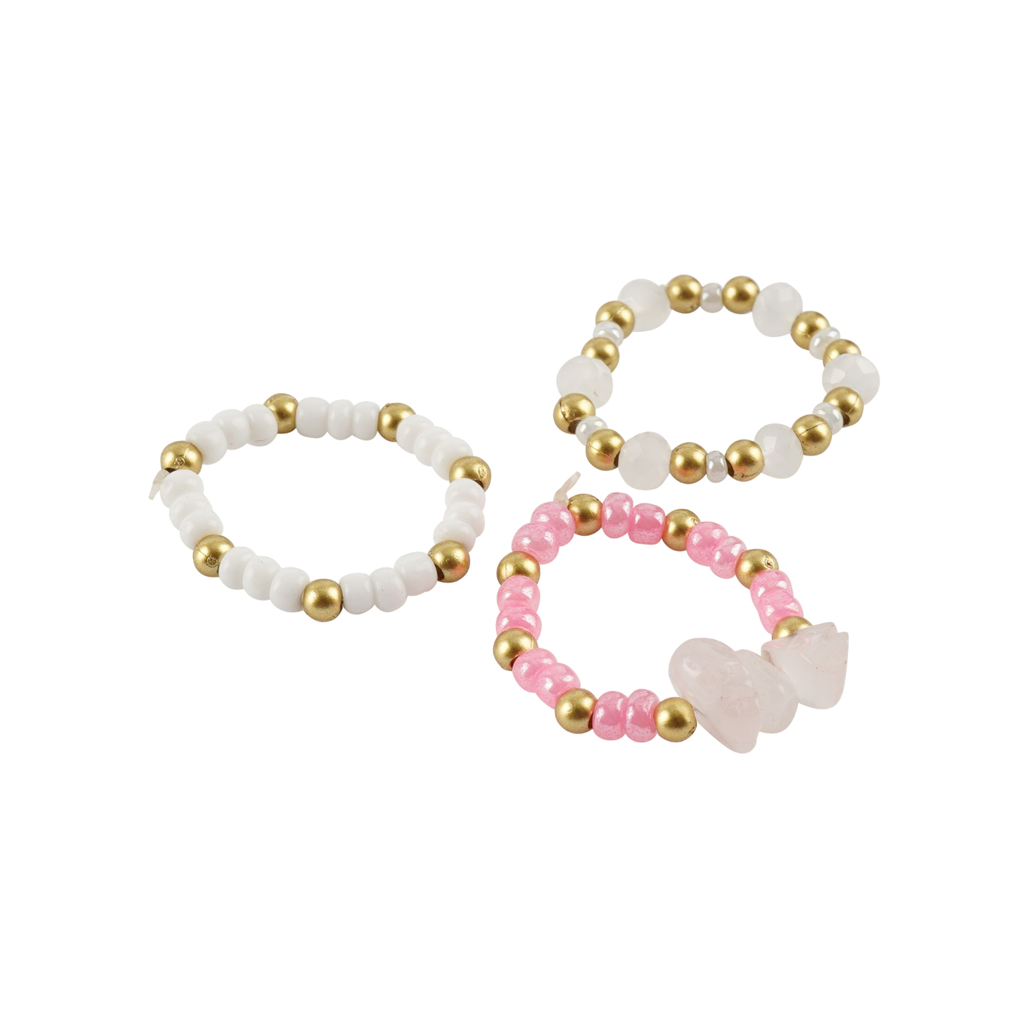 Set of three beaded rings with white, gold, and pink beads on a white background