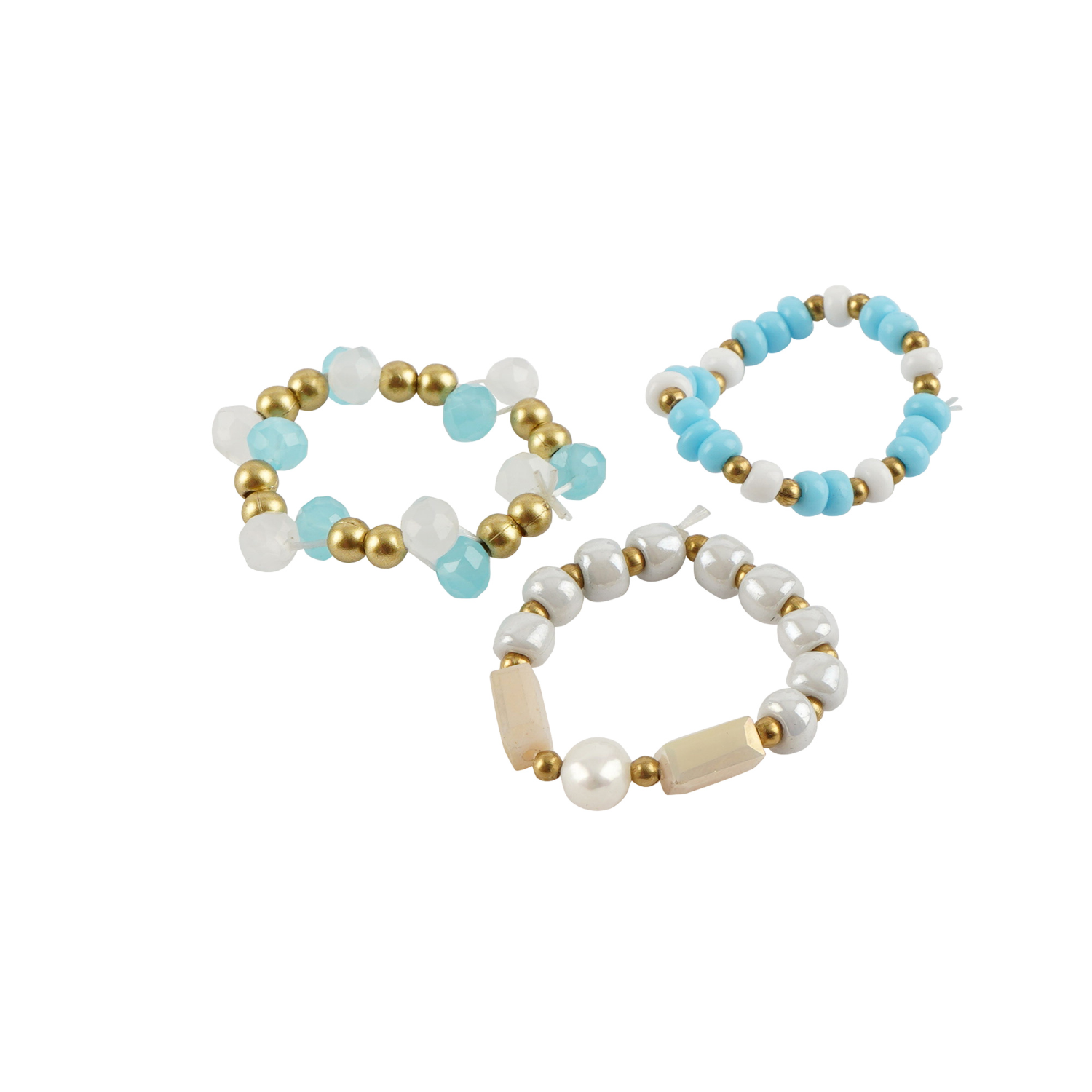 Set of three beaded rings with gold, white, and blue beads on a white background