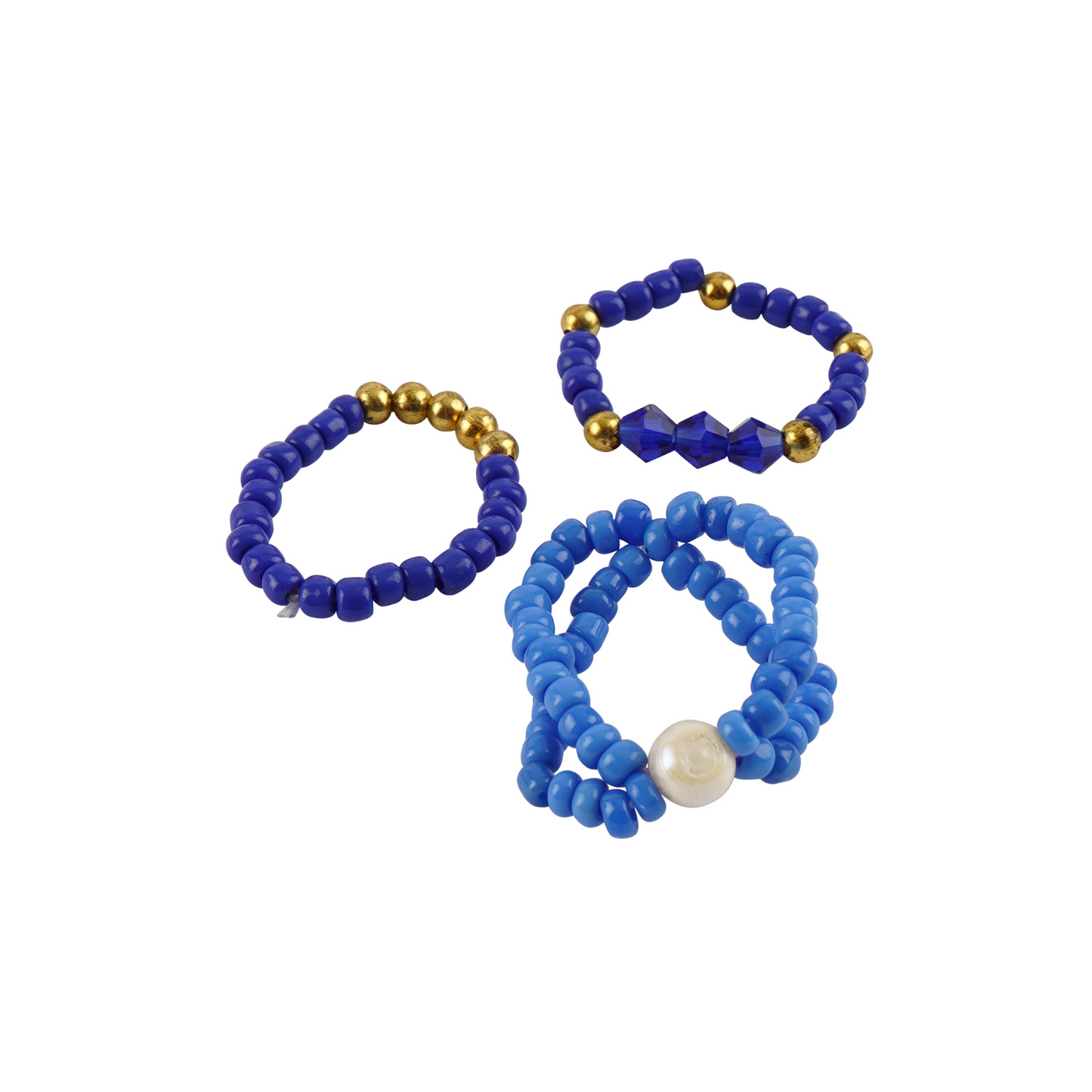 Set of blue beaded rings with gold accents on a white background