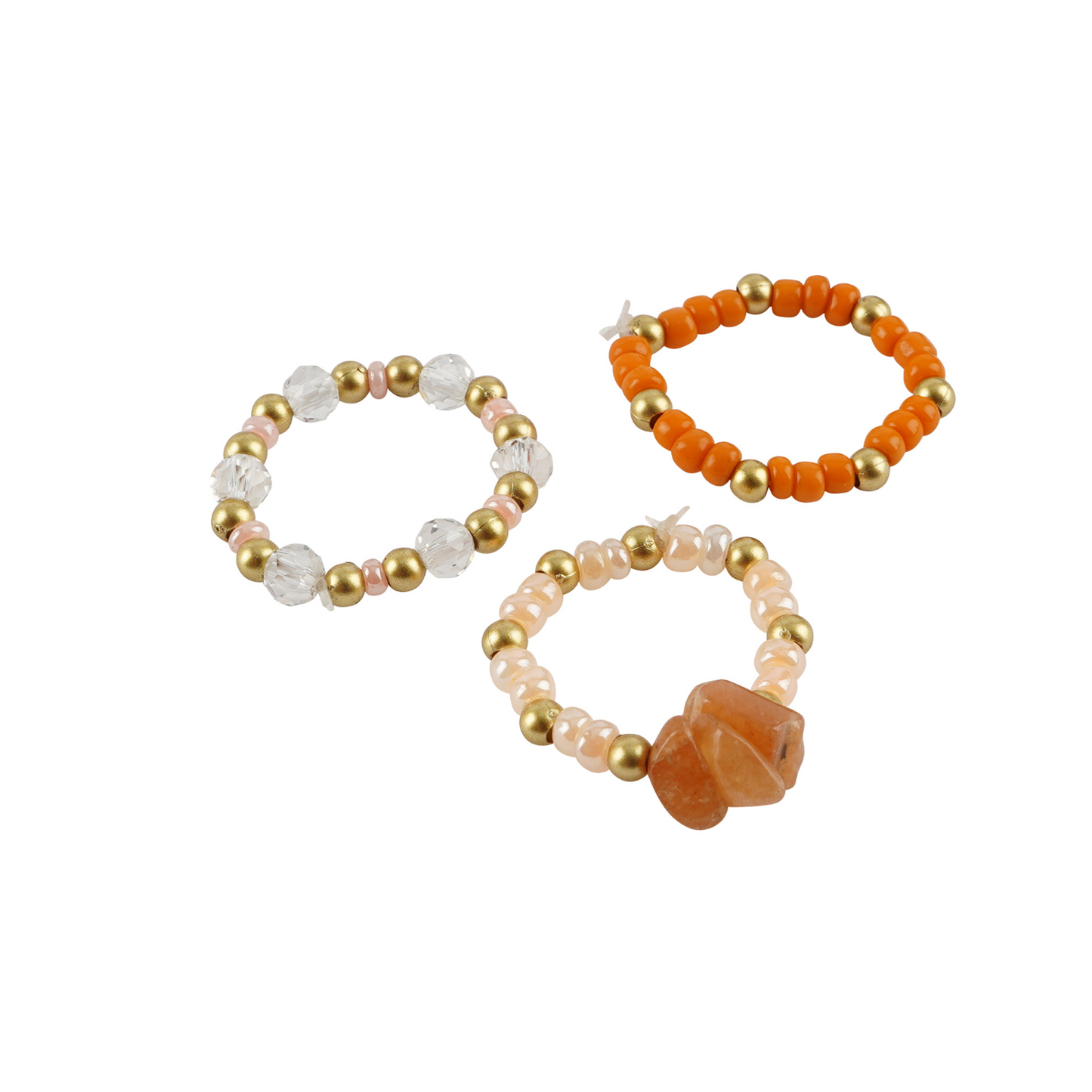 Three beaded rings with orange, gold, and white beads on a white background