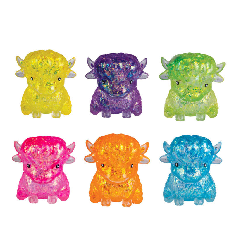 Set of six colorful -highland cow shapes on a white background