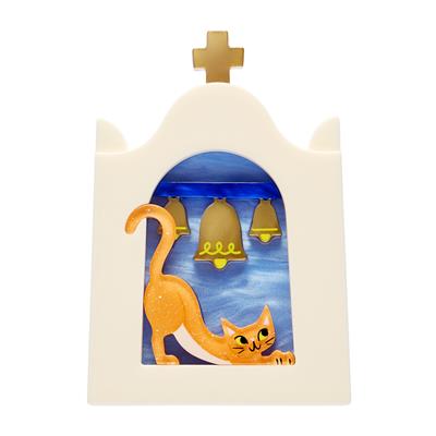 Estwilder brooch with a cat and bells design on a white background