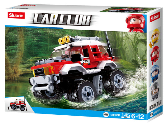 Sluban Car Club toy truck packaging with a vehicle and figures on a white background
