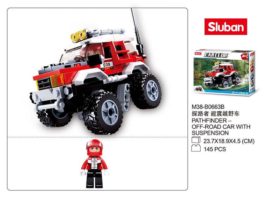 Sluban off-road vehicle model with packaging and figure on a white background