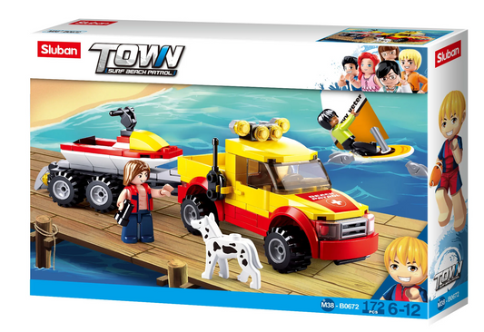 Sluban Town toy set packaging with a beach patrol vehicle and figures on a dock.