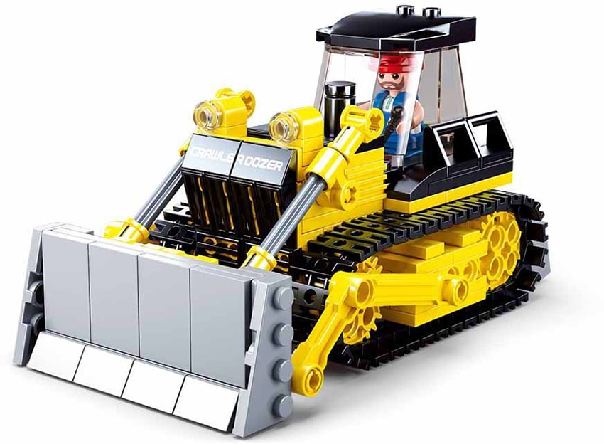 Toy bulldozer made of interlocking bricks on a white background