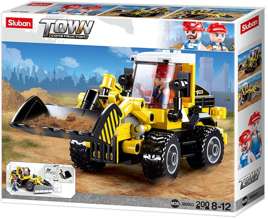 Sluban Town Construction toy set packaging with bulldozer model and cityscape background
