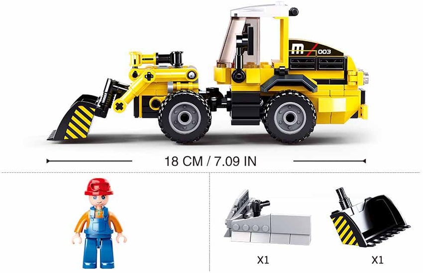 Toy construction vehicle set with dimensions and accessories on a white background