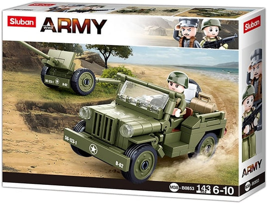 Sluban Army toy set packaging with military vehicle and figures on a scenic background