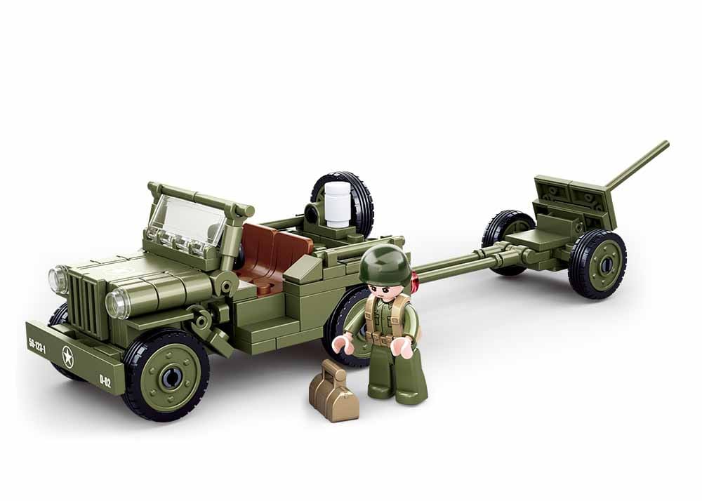 Toy model of a military vehicle with a soldier figure on a white background