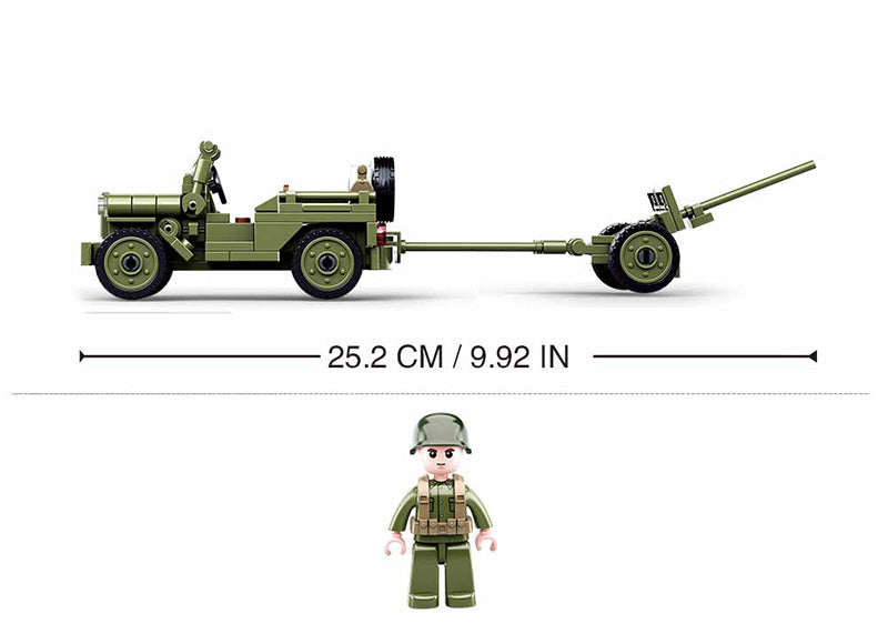Toy military vehicle with a soldier figure and dimensions displayed