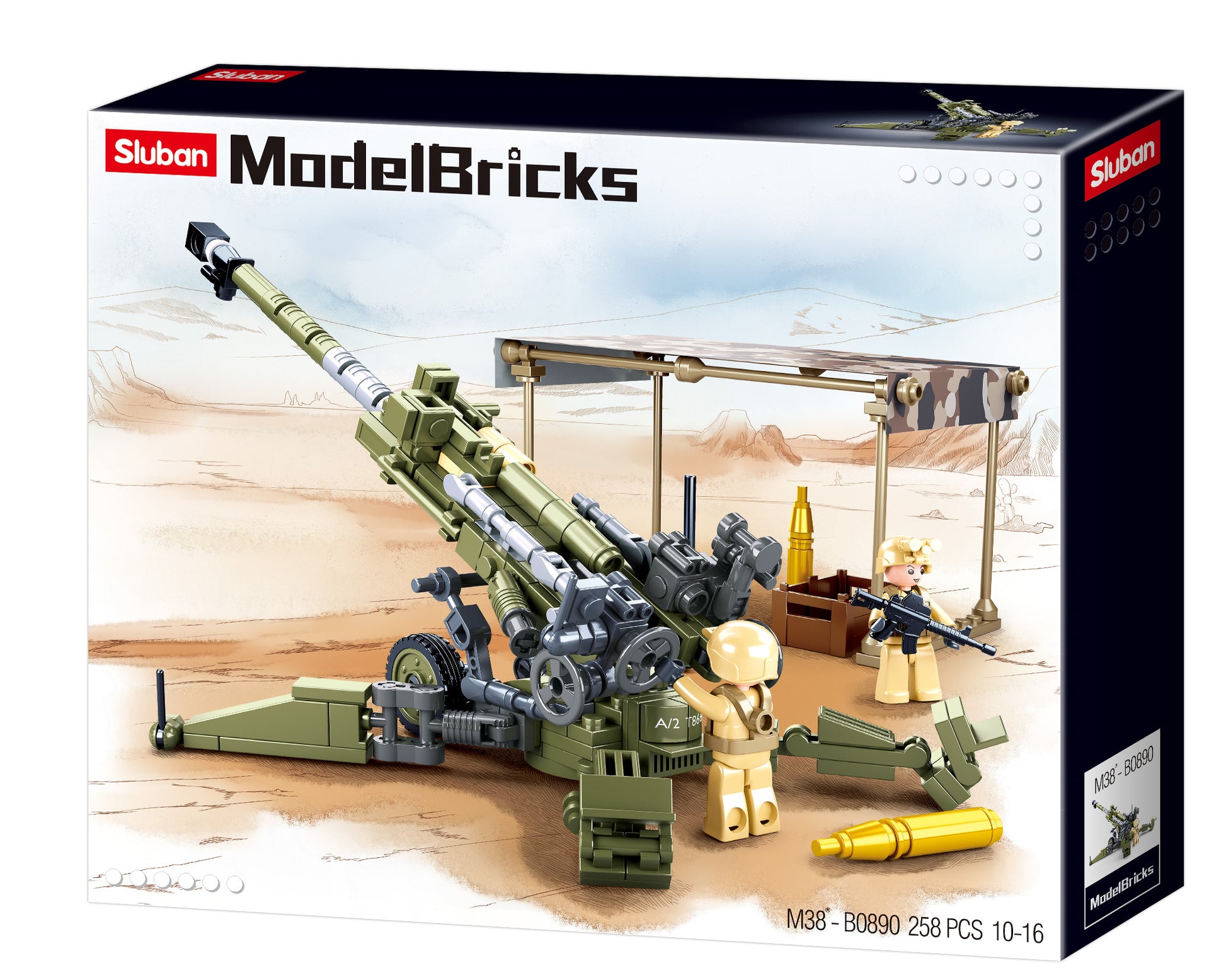 ModelBricks packaging with a toy gun and figures on a desert landscape