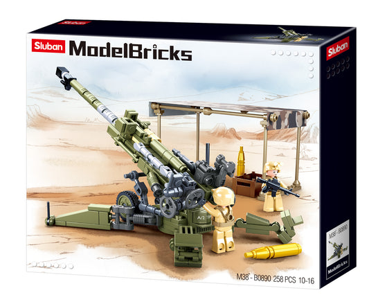 ModelBricks packaging with a toy gun and figures on a desert landscape