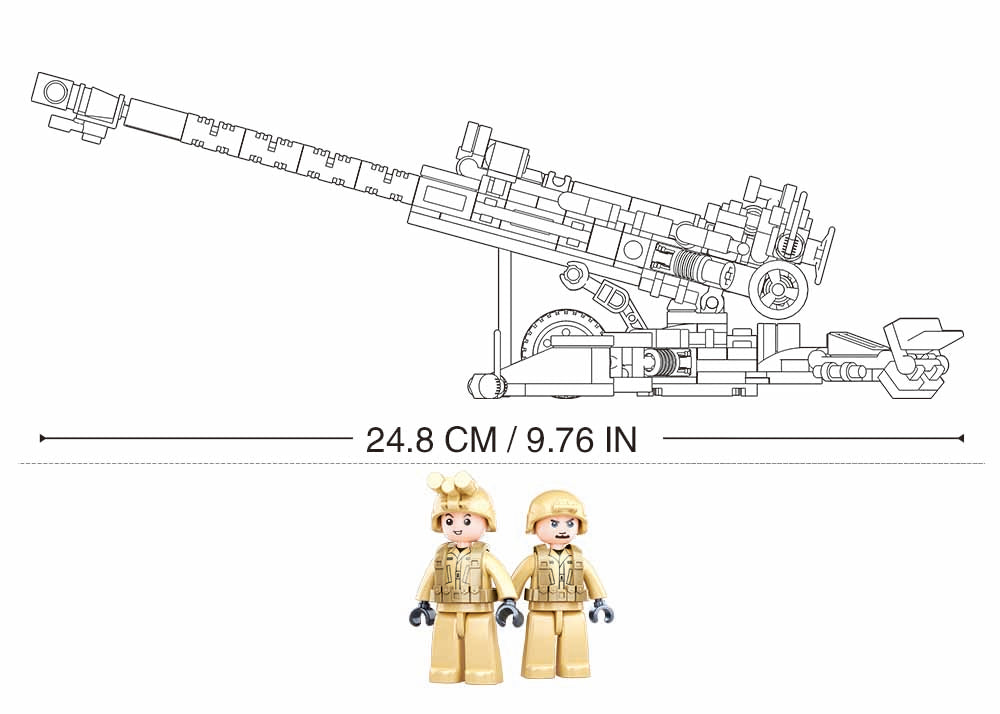 Toy set with a large weapon model and two figures, showing dimensions on a white background.
