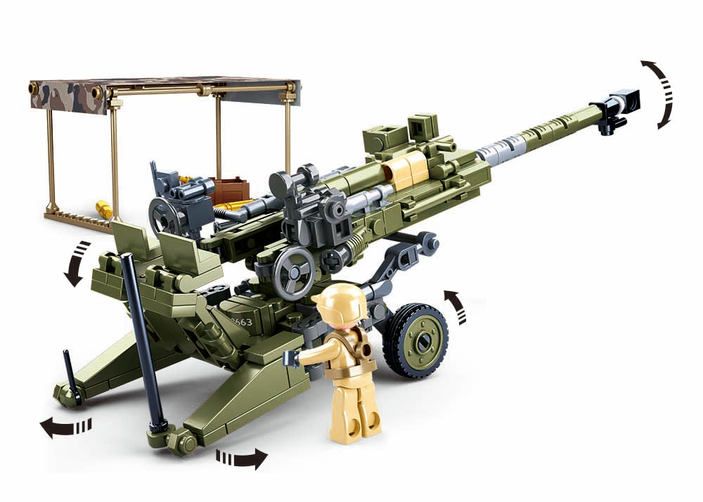 Toy model of a Howitzer Gun Emplacment with figures and equipment on a white background and soldier figure set on a white background
