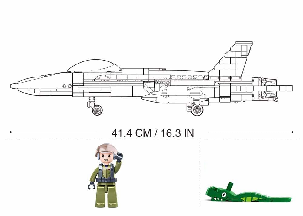 Diagram of a toy jet with dimensions and a figure holding a weapon on a white background
