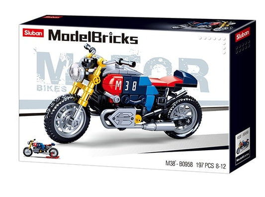 ModelBricks motorcycle toy set packaging with a motorcycle illustration on a white background
