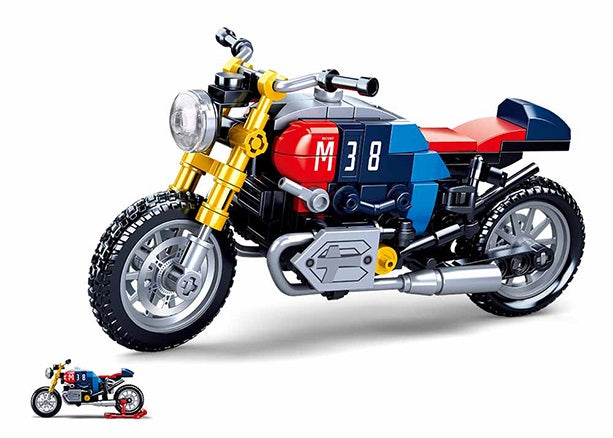 Toy motorcycle model made of interlocking bricks on a white background