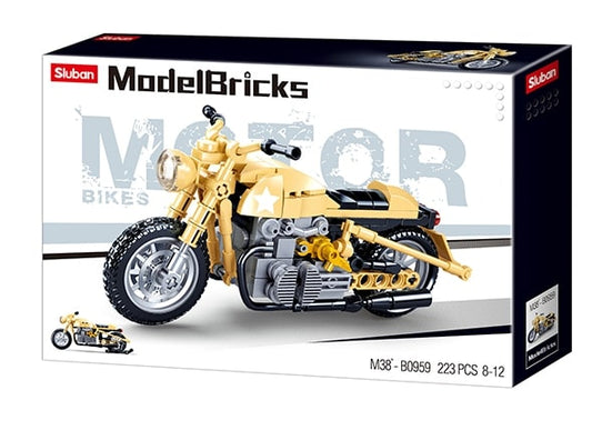 ModelBricks bike building set packaging with a yellow motorcycle on a white background