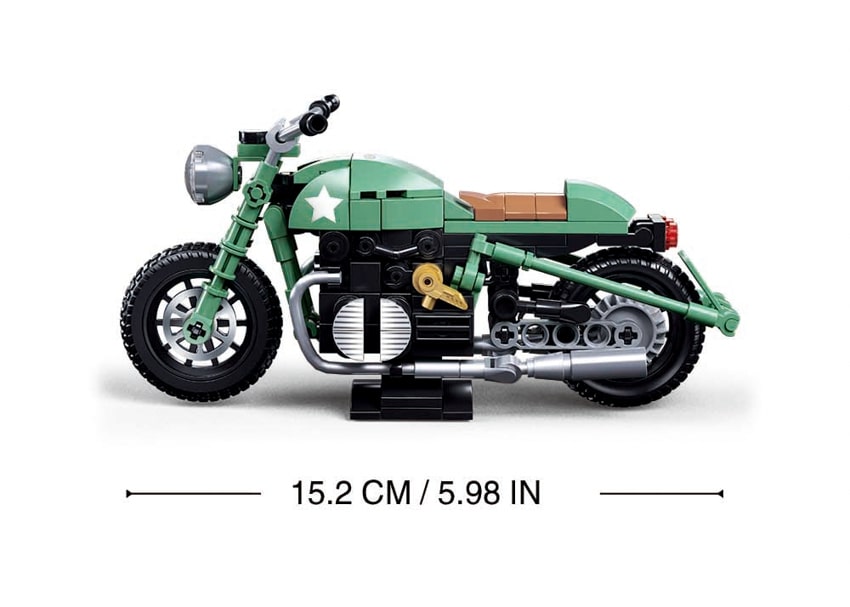 Model motorcycle made of interlocking bricks with dimensions displayed