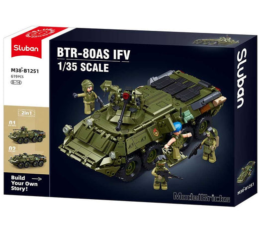 Sluban BTR-80AS IFV toy set packaging with soldiers and tank model on a white background