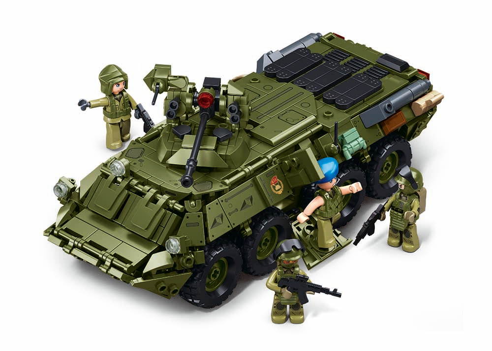 Toy military vehicle with figures on a white background