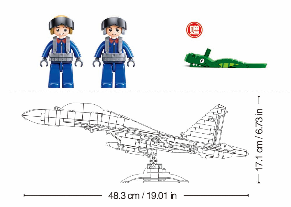 Toy figures and airplane model with measurements on a white background