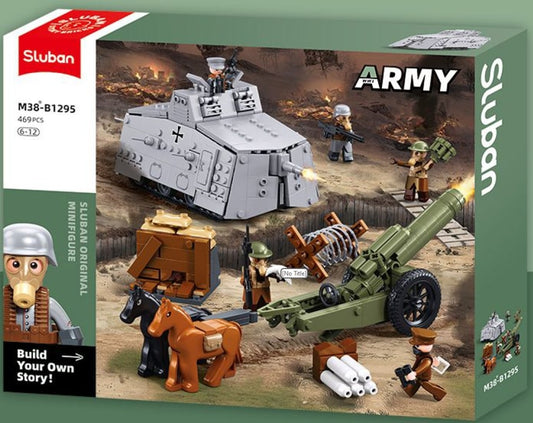 Sluban Army toy set packaging with military vehicle and figures.