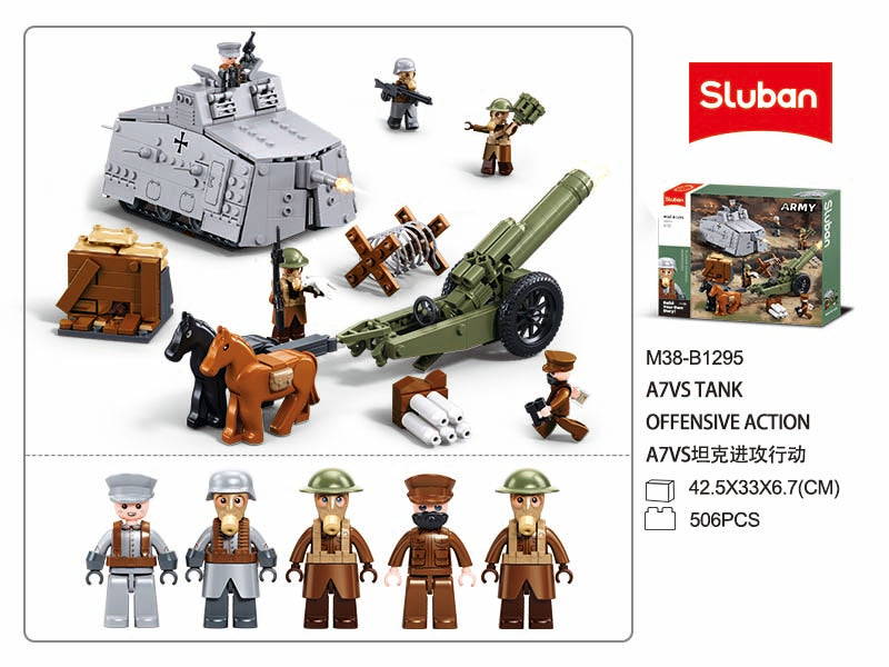 Sluban toy set with military-themed building blocks and figures on a white background.